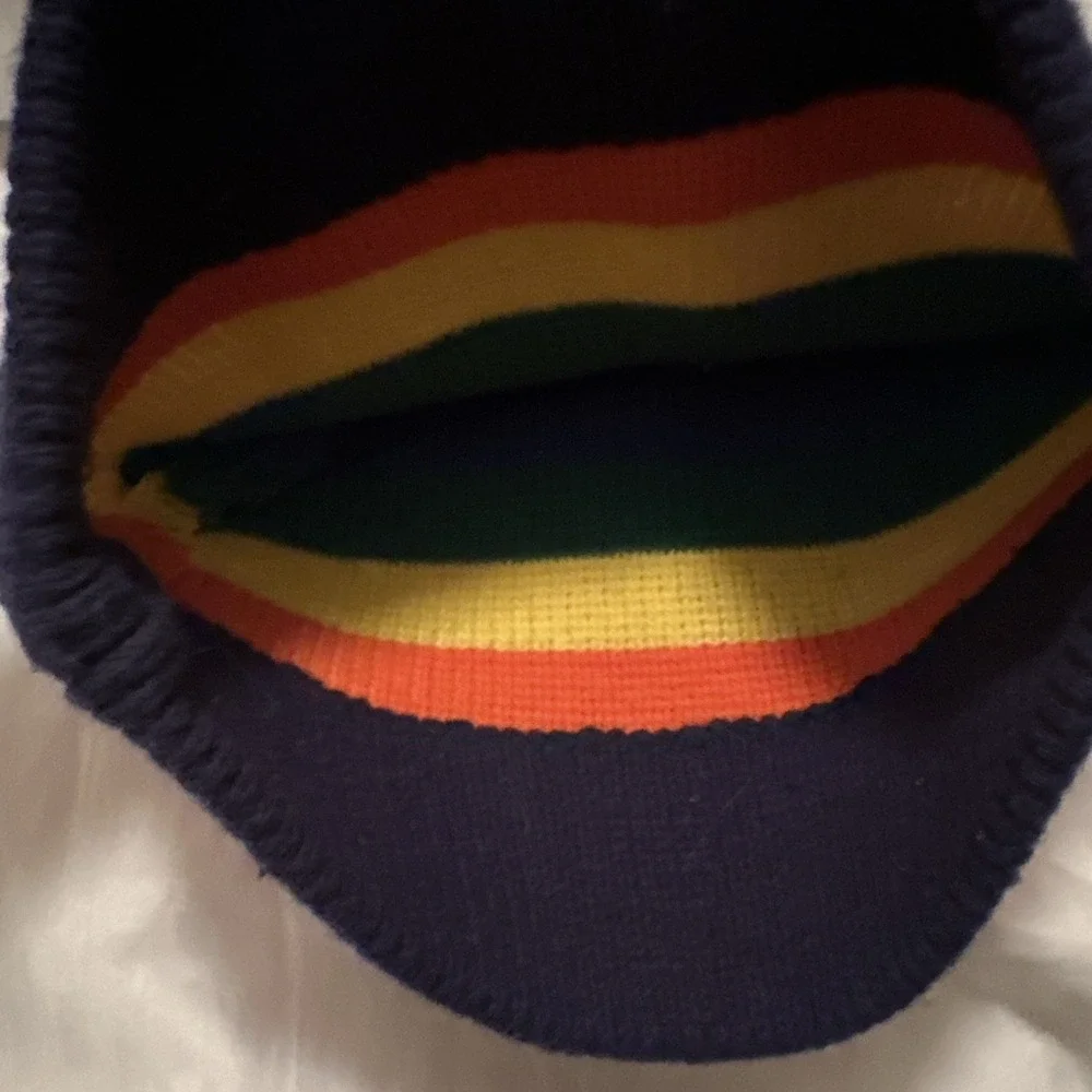 Vintage 80s Rainbow Striped Knit Beanie Ski Toque Wool Cap Hippie Pride Pom Hat